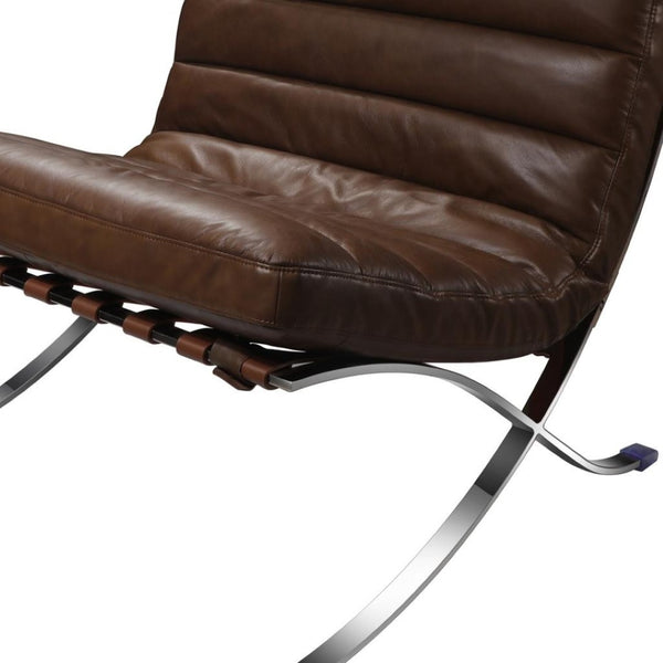 HomeRoots 29" Elegant Brown and Silver Tufted Leather Folding Lounge Chair for Stylish, Modern Spaces 668905