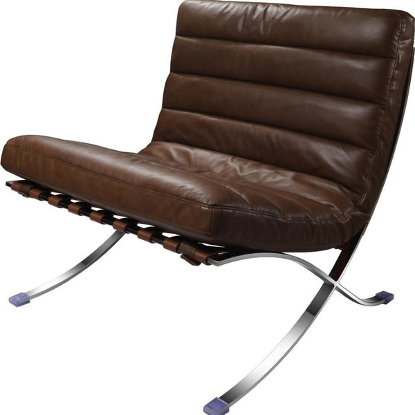HomeRoots 29" Elegant Brown and Silver Tufted Leather Folding Lounge Chair for Stylish, Modern Spaces 668905