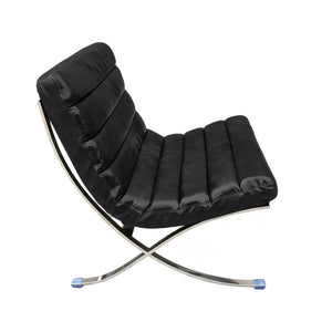 HomeRoots 29" Modern Folding Lounge Chair in Black and Silver - Genuine Leather, Tufted Design, Compact Comfort 668906