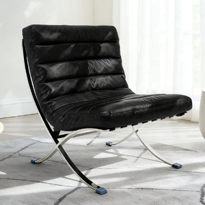 HomeRoots 29" Modern Folding Lounge Chair in Black and Silver - Genuine Leather, Tufted Design, Compact Comfort 668906