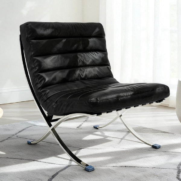 HomeRoots 29" Modern Folding Lounge Chair in Black and Silver - Genuine Leather, Tufted Design, Compact Comfort 668906