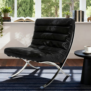 HomeRoots 29" Modern Folding Lounge Chair in Black and Silver - Genuine Leather, Tufted Design, Compact Comfort 668906