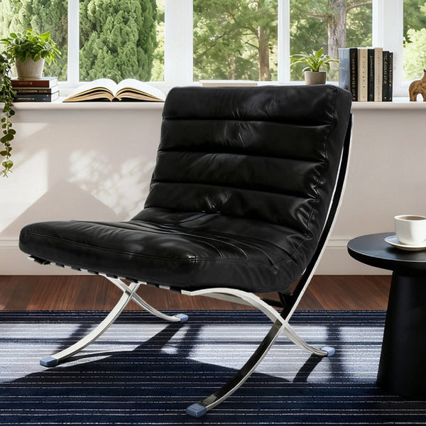 HomeRoots 29" Modern Folding Lounge Chair in Black and Silver - Genuine Leather, Tufted Design, Compact Comfort 668906