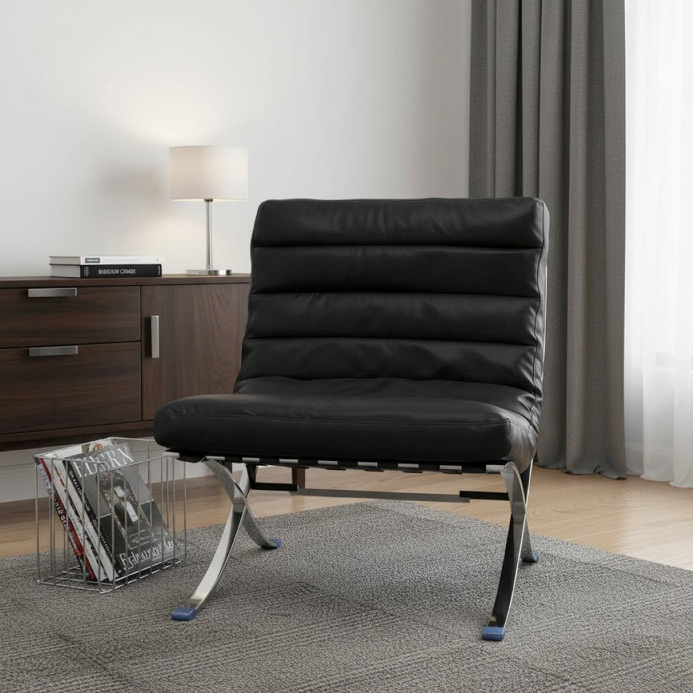HomeRoots 29" Modern Folding Lounge Chair in Black and Silver - Genuine Leather, Tufted Design, Compact Comfort 668906