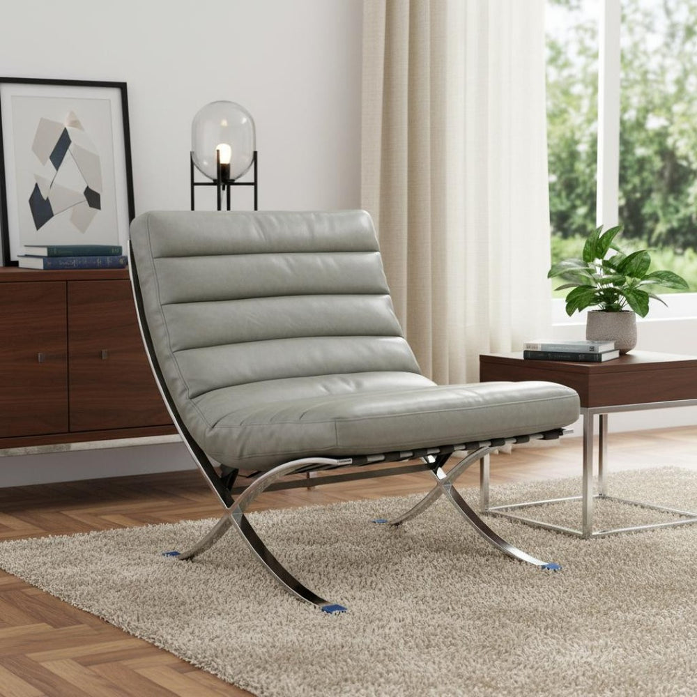 HomeRoots 29" Gray and Silver Folding Lounge Chair - Elegant Leather Upholstery, Stylish Tufting, Versatile Design 668907
