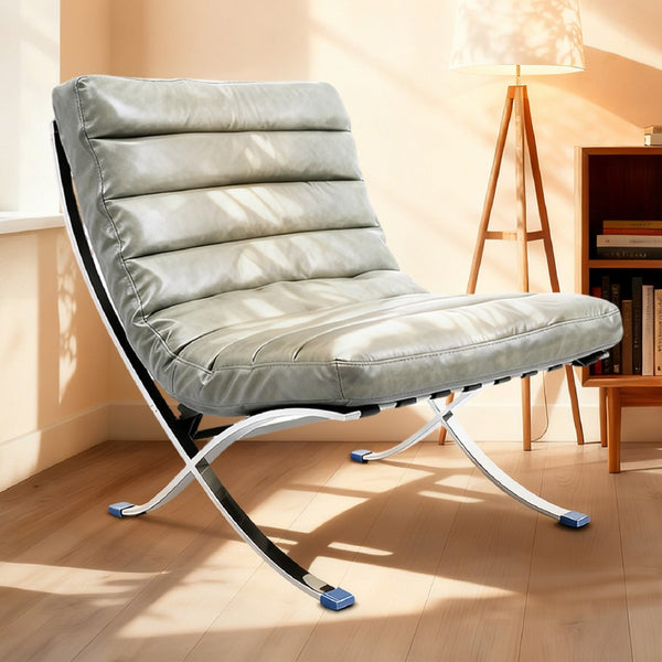 HomeRoots 29" Gray and Silver Folding Lounge Chair - Elegant Leather Upholstery, Stylish Tufting, Versatile Design 668907