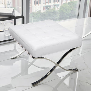 HomeRoots 20" White Leather Tufted Ottoman with Silver Metal Base - Stylish, Multi-Functional Accent Piece 668910
