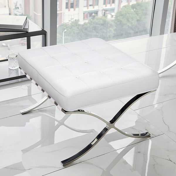 HomeRoots 20" White Leather Tufted Ottoman with Silver Metal Base - Stylish, Multi-Functional Accent Piece 668910