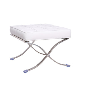 HomeRoots 20" White Leather Tufted Ottoman with Silver Metal Base - Stylish, Multi-Functional Accent Piece 668910