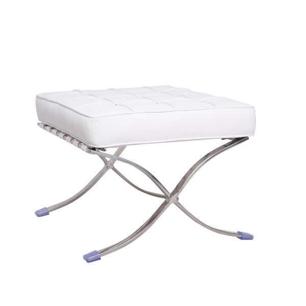 HomeRoots 20" White Leather Tufted Ottoman with Silver Metal Base - Stylish, Multi-Functional Accent Piece 668910