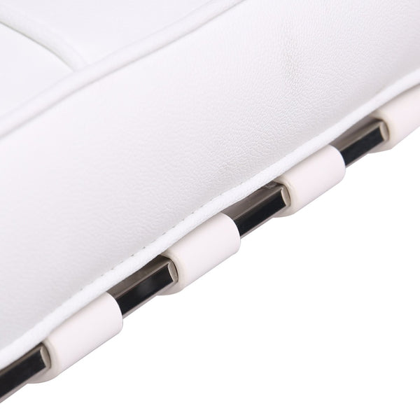 HomeRoots 20" White Leather Tufted Ottoman with Silver Metal Base - Stylish, Multi-Functional Accent Piece 668910
