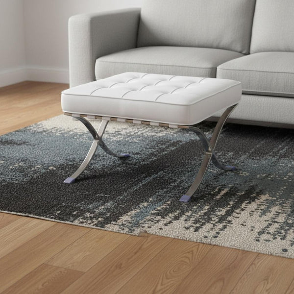 HomeRoots 20" White Leather Tufted Ottoman with Silver Metal Base - Stylish, Multi-Functional Accent Piece 668910