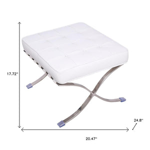 HomeRoots 20" White Leather Tufted Ottoman with Silver Metal Base - Stylish, Multi-Functional Accent Piece 668910