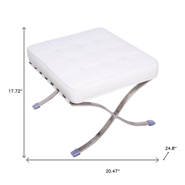 HomeRoots 20" White Leather Tufted Ottoman with Silver Metal Base - Stylish, Multi-Functional Accent Piece 668910