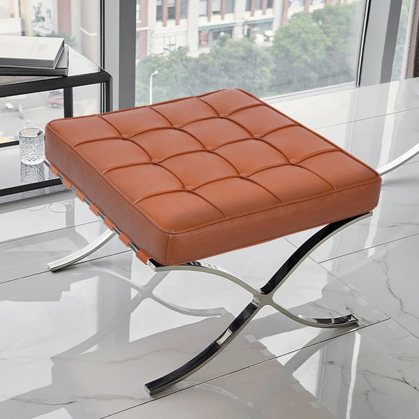 HomeRoots 20" Amber Leather Tufted Ottoman with Silver X-Base – Versatile Accent for Modern Living Spaces 668911