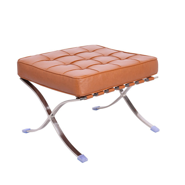 HomeRoots 20" Amber Leather Tufted Ottoman with Silver X-Base – Versatile Accent for Modern Living Spaces 668911