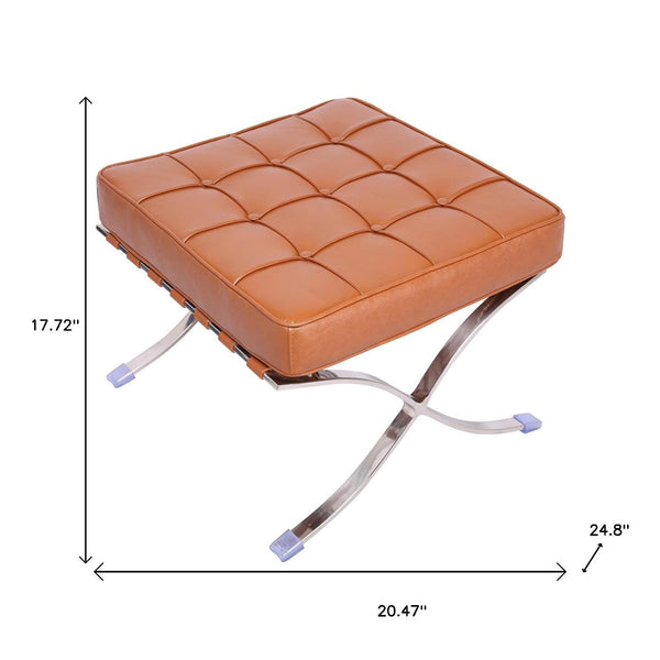 HomeRoots 20" Amber Leather Tufted Ottoman with Silver X-Base – Versatile Accent for Modern Living Spaces 668911