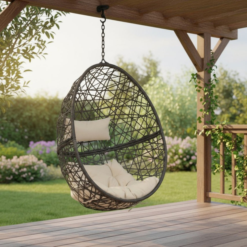 HomeRoots 38" Beige Steel Outdoor Egg Chair - Cozy Curved Seating with Removable Cushions for Patio Relaxation 668923