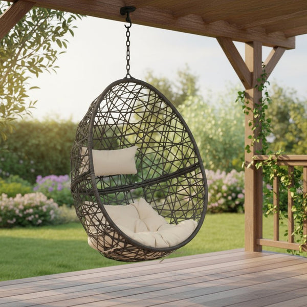 HomeRoots 38" Beige Steel Outdoor Egg Chair - Cozy Curved Seating with Removable Cushions for Patio Relaxation 668923