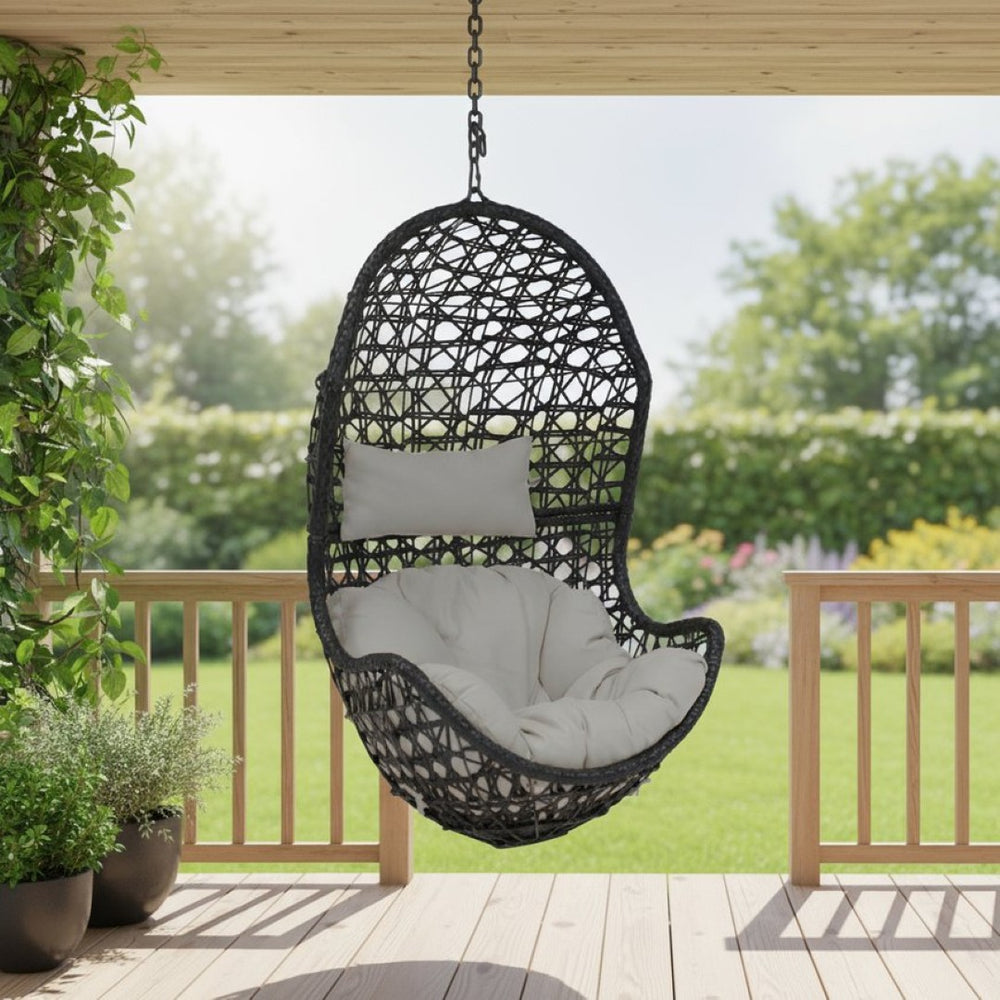 HomeRoots 32" Gray Steel Outdoor Egg Chair - Stylish, Weather-Resistant Wicker Seat for Patio & Indoor Comfort 668925