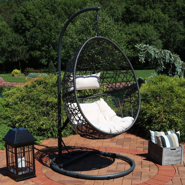 HomeRoots 42" Beige Egg Chair - Stylish Steel Frame & Weather-Resistant Wicker for Indoor/Outdoor Comfort & Relaxation 668929