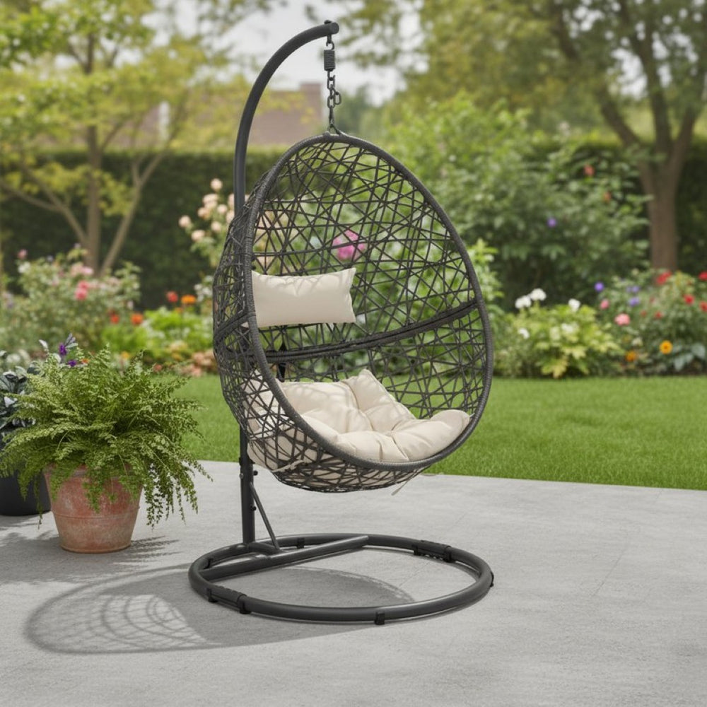 HomeRoots 42" Beige Egg Chair - Stylish Steel Frame & Weather-Resistant Wicker for Indoor/Outdoor Comfort & Relaxation 668929