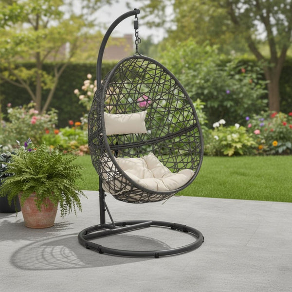 HomeRoots 42" Beige Egg Chair - Stylish Steel Frame & Weather-Resistant Wicker for Indoor/Outdoor Comfort & Relaxation 668929