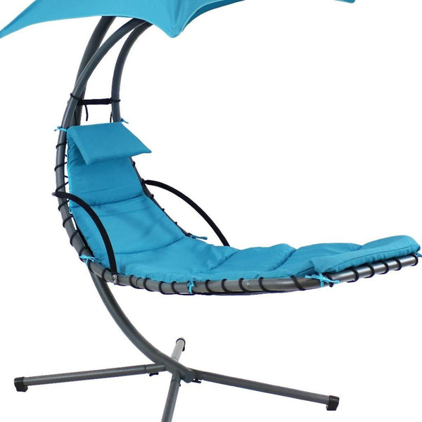 HomeRoots 74" Silver Steel Floating Chaise Lounge with Teal Cushion and Removable Canopy for Outdoor Relaxation 668930