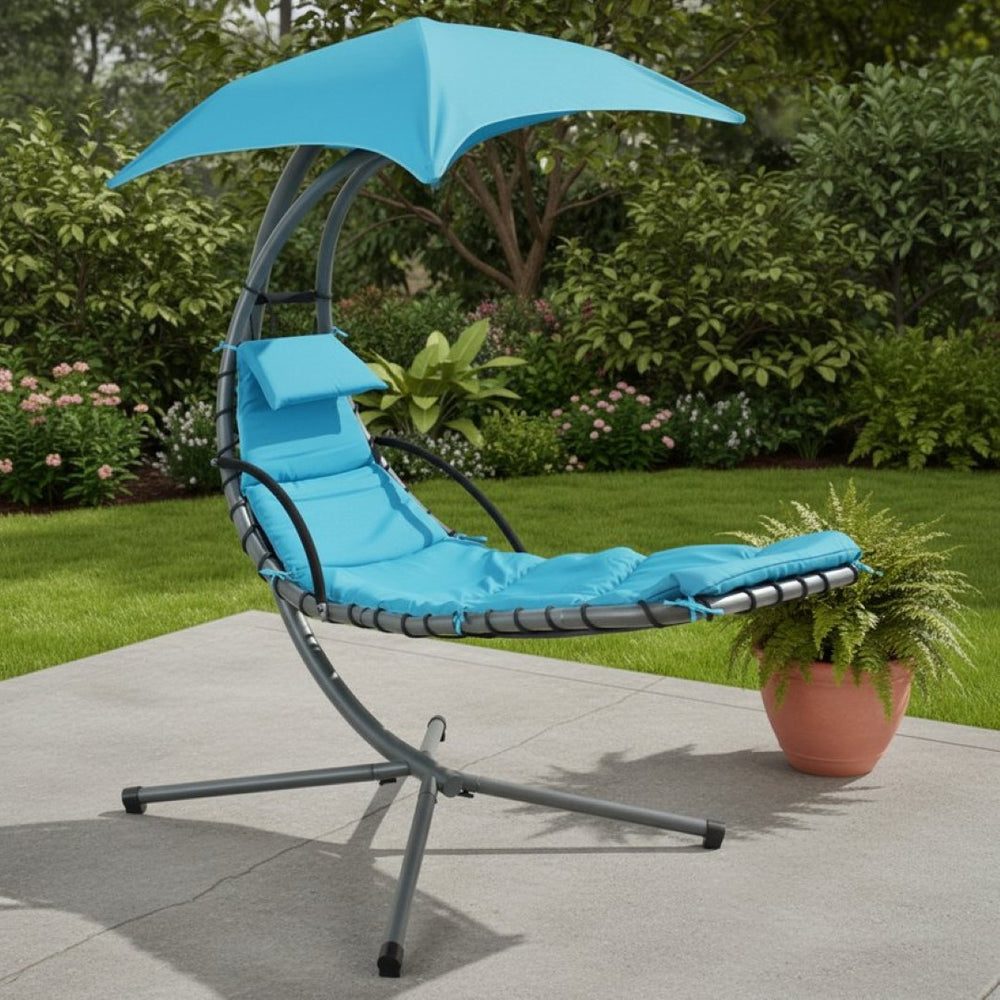HomeRoots 74" Silver Steel Floating Chaise Lounge with Teal Cushion and Removable Canopy for Outdoor Relaxation 668930