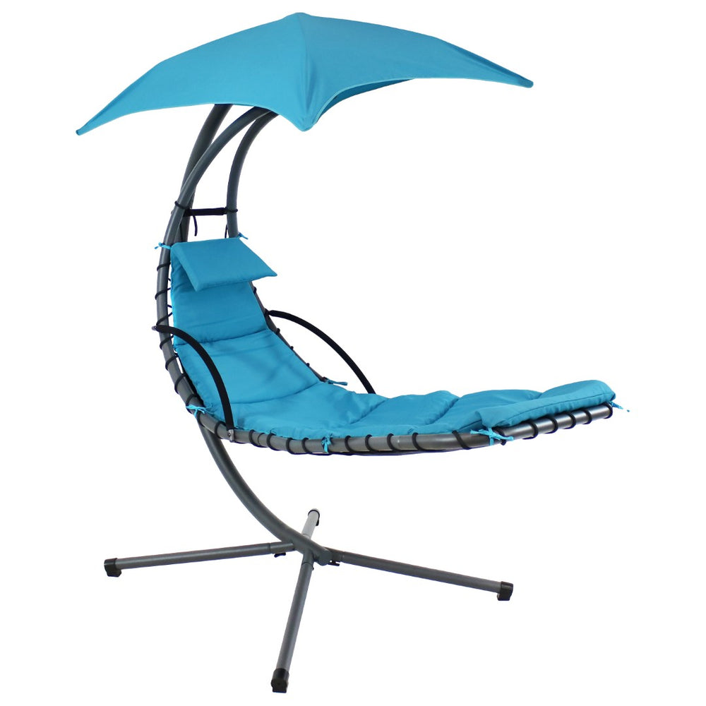 HomeRoots 74" Silver Steel Floating Chaise Lounge with Teal Cushion and Removable Canopy for Outdoor Relaxation 668930
