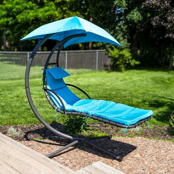 HomeRoots 74" Silver Steel Floating Chaise Lounge with Teal Cushion and Removable Canopy for Outdoor Relaxation 668930