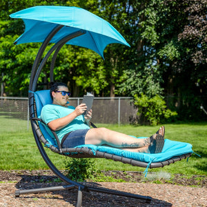 HomeRoots 74" Silver Steel Floating Chaise Lounge with Teal Cushion and Removable Canopy for Outdoor Relaxation 668930