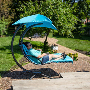 HomeRoots 74" Silver Steel Floating Chaise Lounge with Teal Cushion and Removable Canopy for Outdoor Relaxation 668930