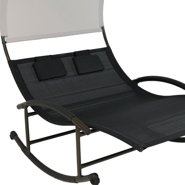 HomeRoots 70" Black Steel Sling Rocking Chaise Lounge with Adjustable Canopy for Ultimate Outdoor Comfort 668931