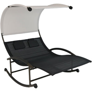 HomeRoots 70" Black Steel Sling Rocking Chaise Lounge with Adjustable Canopy for Ultimate Outdoor Comfort 668931