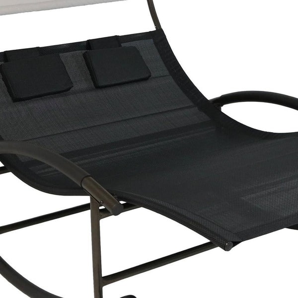 HomeRoots 70" Black Steel Sling Rocking Chaise Lounge with Adjustable Canopy for Ultimate Outdoor Comfort 668931