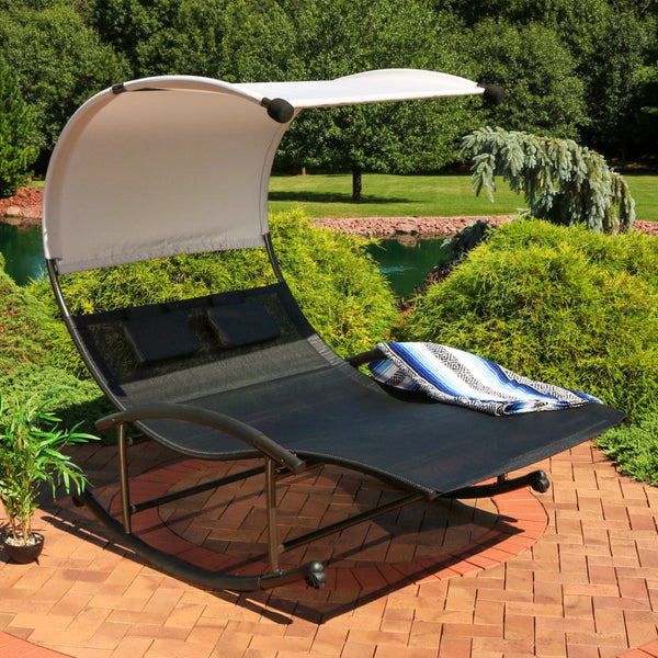 HomeRoots 70" Black Steel Sling Rocking Chaise Lounge with Adjustable Canopy for Ultimate Outdoor Comfort 668931