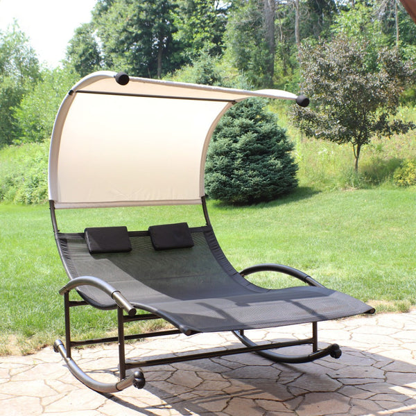 HomeRoots 70" Black Steel Sling Rocking Chaise Lounge with Adjustable Canopy for Ultimate Outdoor Comfort 668931