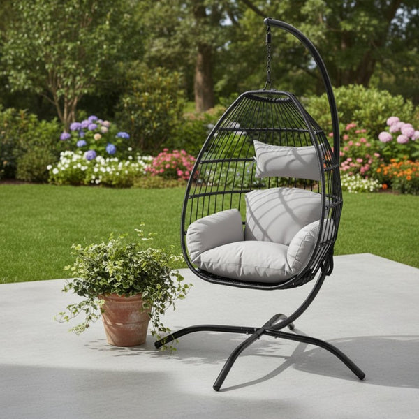 HomeRoots 46" Gray Steel Outdoor Egg Chair - Contemporary Design, Weather-Resistant, Removable Cushions for Comfort 668932