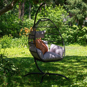 HomeRoots 46" Gray Steel Outdoor Egg Chair - Contemporary Design, Weather-Resistant, Removable Cushions for Comfort 668932