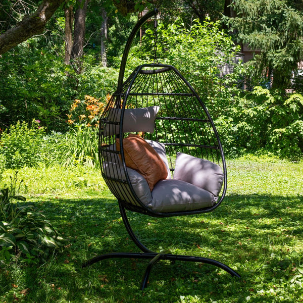 HomeRoots 46" Gray Steel Outdoor Egg Chair - Contemporary Design, Weather-Resistant, Removable Cushions for Comfort 668932