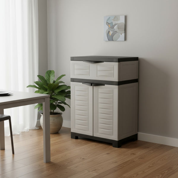 HomeRoots 35" Gray Heavy-Duty Plastic Utility Cabinet with Two Doors, One Drawer for Compact Storage Solutions 668936