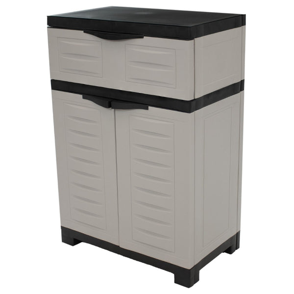 HomeRoots 35" Gray Heavy-Duty Plastic Utility Cabinet with Two Doors, One Drawer for Compact Storage Solutions 668936