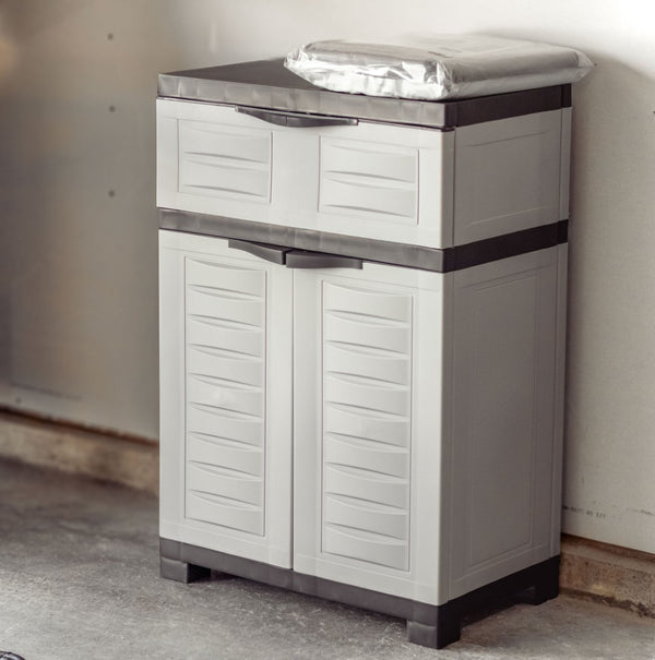 HomeRoots 35" Gray Heavy-Duty Plastic Utility Cabinet with Two Doors, One Drawer for Compact Storage Solutions 668936