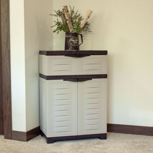 HomeRoots 35" Gray Heavy-Duty Plastic Utility Cabinet with Two Doors, One Drawer for Compact Storage Solutions 668936