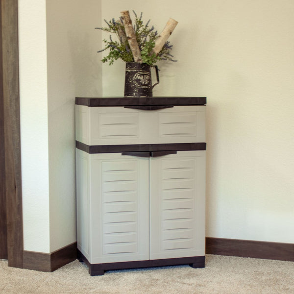 HomeRoots 35" Gray Heavy-Duty Plastic Utility Cabinet with Two Doors, One Drawer for Compact Storage Solutions 668936