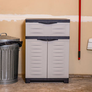 HomeRoots 35" Gray Heavy-Duty Plastic Utility Cabinet with Two Doors, One Drawer for Compact Storage Solutions 668936