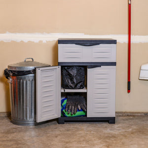 HomeRoots 35" Gray Heavy-Duty Plastic Utility Cabinet with Two Doors, One Drawer for Compact Storage Solutions 668936