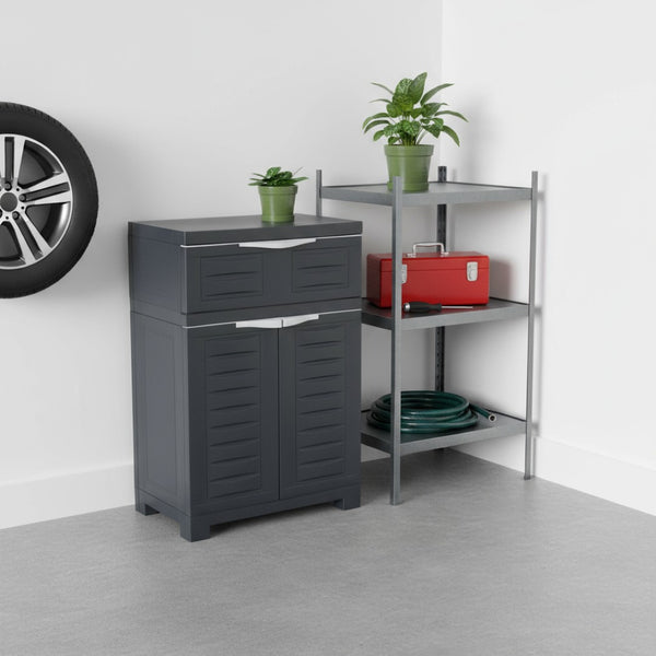 HomeRoots 35" Dark Gray Heavy-Duty Utility Cabinet with Two Doors & One Drawer for Optimal Vertical Storage 668937