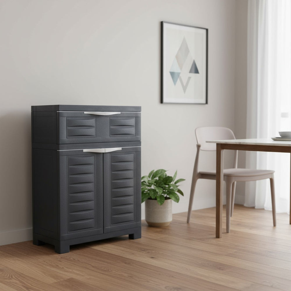 HomeRoots 35" Dark Gray Heavy-Duty Utility Cabinet with Two Doors & One Drawer for Optimal Vertical Storage 668937
